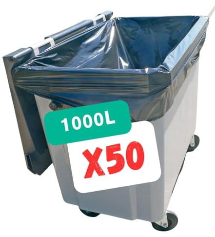 Abfallsack 1000-1100 L | Schutzhülle für Müllcontainer 1000 Liter | Karton mit 50 Säcken | Opak Schwarz | Professionelle Produktreihe | Dicke 30µ | Auslaufsicher und schmutzabweisend |