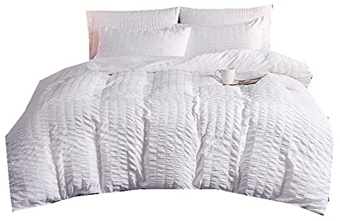 Sticker Superb. Seersucker Pintuck Pinch Pleat Duvet Cover with Zipper, Black Grey Pink Yellow White Modern Man Woman Bedding Set Quilt Cover Pillowcase Microfiber Non-iron (White,Single 135_x_200cm)