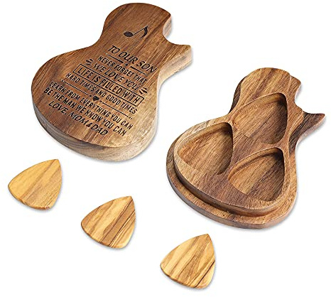 Glooraca Gitarrenplektren aus Holz mit Etui, 3 Stück Gitarrenplektren und Etui, graviertes Geschenk für Akustikgitarre, E-Bass, Ukulele, praktisches Musikinstrument, Teil des Schulabschlusses