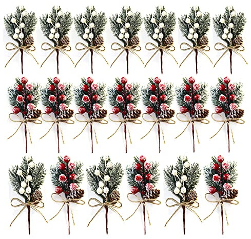 YLSZHY 20 Stück künstliche Beeren Stiele Tannenzweige Weihnachtszweige mit Beeren und Stechpalme für Weihnachtskränze, Hochzeit, Urlaubsdekoration