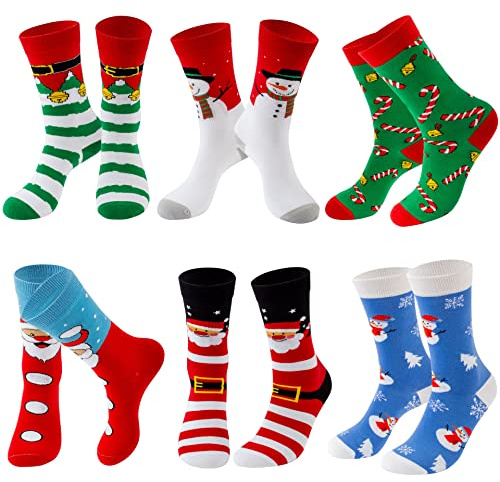 Lounwee Weihnachten Socken für Damen Frauen - lustige Geschenke für Frauen Weihnachten Neuheit Baumwolle Crew Socken Set mit bunten Designs 6 Paar Weihnachtssocken Damen 35-42