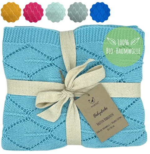 nidito Premium Bio-Baby-Decke Mädchen & Jungen/Bio-Baumwoll-Decke Baby, 90x100 cm, 100% Bio-Baumwolle, Blau, Türkis, Wolldecke ideal als Erstlings-/ Kuscheldecke (Himmelblau)