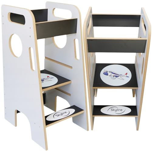 Skyline Steh und Lernturm Baby ab 1 Jahr Montessori Learning Tower Höhenverstellbar Tritthocker Kinder Indoor Möbel Kinderzimmer Trittschemel Kitchen Helper Hochstuhl Faltbarer (Weiß mit Flugzeug)