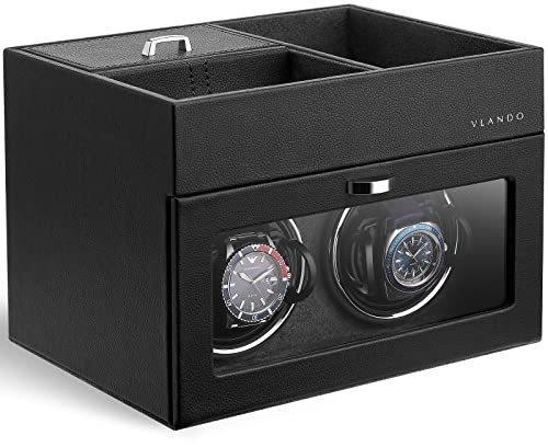 Vlando Automatic Double Watch Winder for Men - Watch Winder Box with Jewelry Organizer Tray for Father Husband Dad, Japanese Quiet Motor, LED Light, Adjustable Watch Pillows - Black