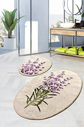 miqna 2-teiliges Badezimmerteppich-Set – Lavendel-Motiv, Ovales Design, rutschfeste Unterseite, Weiche und Wasserabsorbierende Badvorlege (Lavender, 60 x 100 cm - 50 x 60 cm)