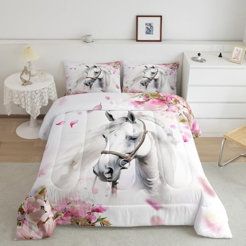 Erosebridal Girls Horse Comforter Set Full Chic Cherry Blossom Bedding Boys Teens Galloping White Duvet Insert 3D Wild Animal Quilts Western Rustic Farmhouse Style Bedroom Decor 3 Pcs