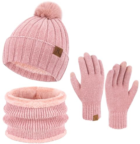 ZASFOU Donna Inverno Berretto Cappelli Sciarpa Touchscreen Guanti Set maglia ciniglia teschio Berretto Caldo pile foderato