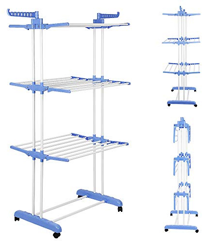 THINFAR Secadora de ropa, tendedero secador, tendedero plegable, alas laterales de 3 niveles, gran capacidad (75 x 64 x 170 cm), color azul y blanco