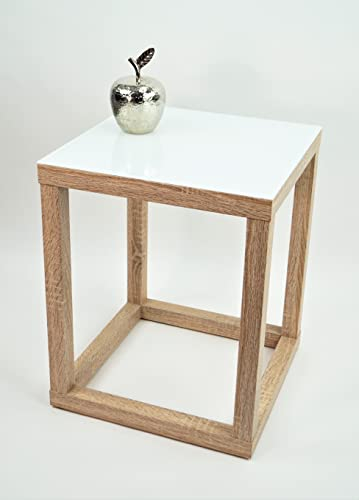 freeroom24, Beistelltisch, Wohnzimmertisch, Couchtisch, Coffee Table, Kaffeetisch, Blumenhocker, Blumensäule, Cube, Holzoptik Sonoma Eiche Nachbildung, Glas weiß, 50 x 50 x 60cm, Made in Germany