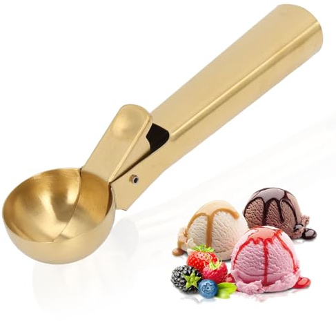 Ice Cream Scoop, Stainless Steel Ice Cream Scoop with Trigger Multi-Purpose Fruit Scoop Cookie Scoops for Ice Cream, Melon, Cookie Dough, & Meatballs (Gold)