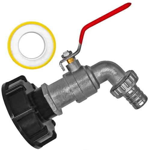 MegaHaustechnik IBC Tank S60x6 Zubehör Anschluß Adapter mit Volldurchlass-Auslaufhahn, Schlauchtülle AußenØ 20mm für 3/4“ Schlauch, Container GrobgewindeØ 60 x 6mm Gewindesteigung Schraub Anschluß