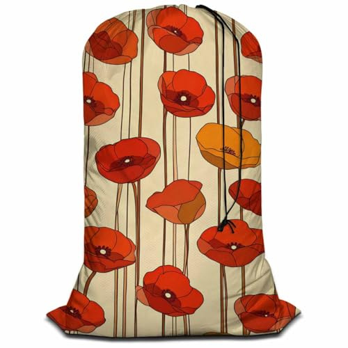 Swono Poppies Drawstring Laundry Bag Floral Pattern Bouquet Blooming Plant Oversize Storage/Travel Bag for Home or College - Measures 28 x 40 inches, Red
