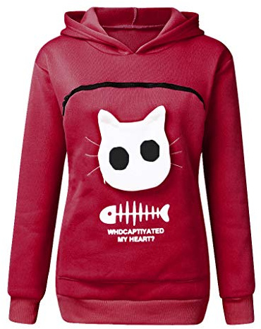 Damen Pullover Kapuzenpullover mit Katzen Hund Tasche Hundetasche Katze Sweatshirt Pulli Hoodie Kapuze Katzenpulli Beutel Langarm Winter