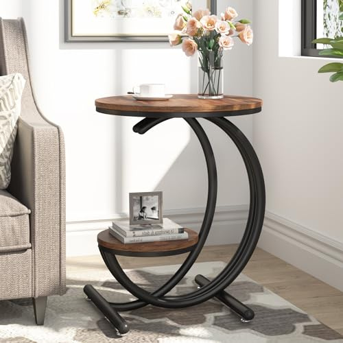 Tribesigns Runder Beistelltisch 2 Ebenen, Industrieller Nachttisch Mit Ablage, Kleiner Couchtisch Mit Metallrahmen, Moderner Sofatisch Für Wohnzimmer Schlafzimmer (1, Braun/Schwarz)