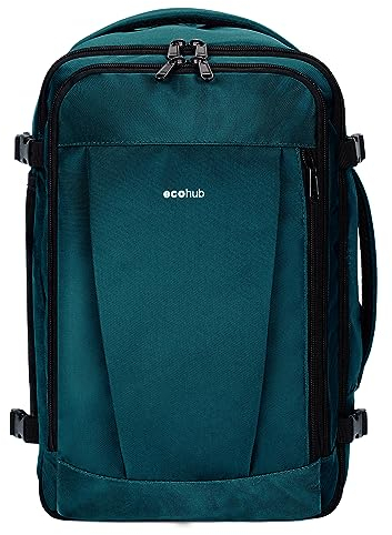 ECOHUB 30L Rucksack Handgepäck Flugzeug, Easyjet Handgepäck 45x36x20 Rucksack, Wasserdichter Recyceltes PET Reiserucksack, Groß Reisetasche Herren, Patent anhängig(Blau Grün)