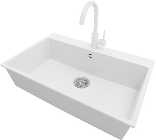 PRIMAGRAN Lavandino da Cucina al Mobile 80cm + Rubinetto, 78x50cm | Set: Rubinetto BW5010 + Kit di scarico + Lavello in Granito a 1 Vasca - Riga, Bianco