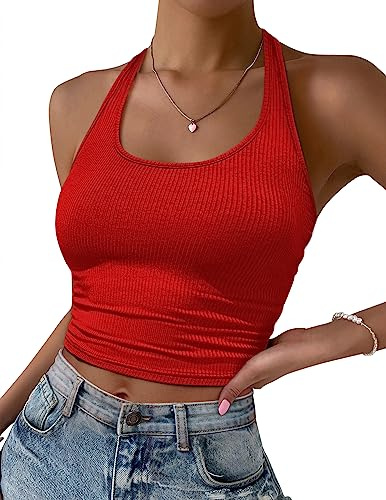 Ekouaer Debardeur Femme Crop Top Chic Et Élégant Ete Mode Dos Nu Sport Top Femme Côtelé Tricoté Debardeur, Rouge, L