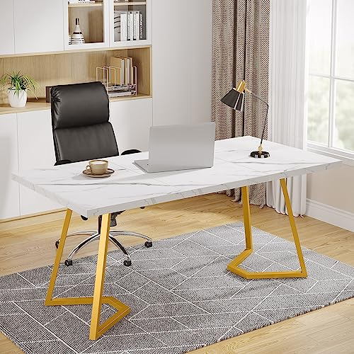 Tribesigns Schreibtisch Computertisch, 140 x 80 x 75 cm, PC Tisch Bürotisch Arbeitstisch Esstisch Büro-Möbel Computertisch Konferenztisch für Home Office zu Hause Schreibtische, Weiß und Gold
