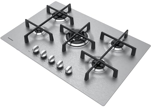 PremierTech Piano Cottura a Gas 5 fuochi, 75cm, Supporti in Ghisa Professionali, Ugelli Metano e Kit GPL Inclusi, Manopole Alluminio, Da Incasso, Acciaio Inox, Design Esclusivo 3D, PT755LX