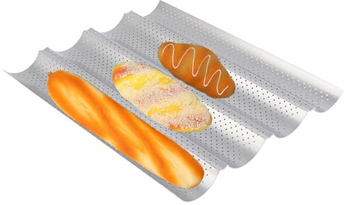 Jwthee Baguettes Pan, Nonstick French Bread Pan Perforated Baguettes Pan Long Bread Baking Pan Bread Bakery Tray for Professional and Home Baker (Four Slots)