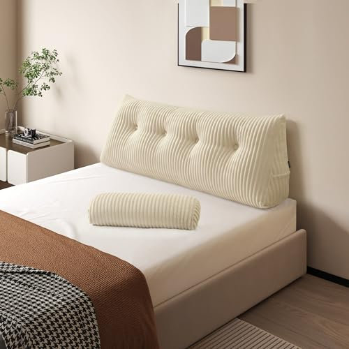 Z-hom Cojín para Libros, cuña, cojín de Lectura para Cama y sofá, cojín de Espalda, práctico Compartimento Lateral, Cubierta extraíble, con Almohada Redonda (Crema, 120 * 50 * 20cm)