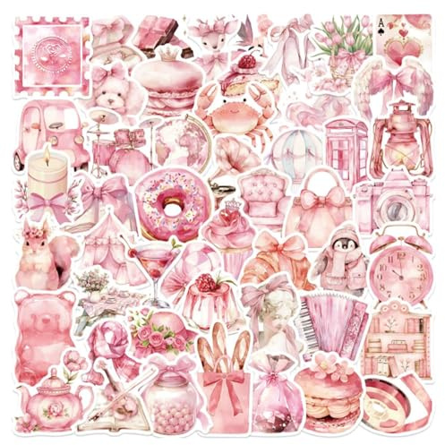 50Pcs Pink Stickers, Ipad Stickers, Aesthetic Stickers, Cute Pink Stickers for Girls, Self-Adhesive Vinyl Sticker, Waterproof Aesthetic Stickers, for Suitcases, Skateboards, Laptops, Water Bottles