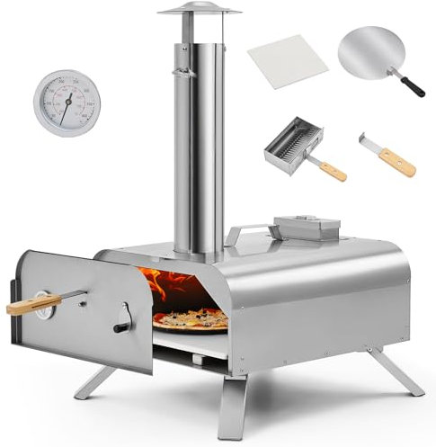 DKIEI Outdoor Pizza Oven, Wood Pellets 12Pizza Oven, Stone & Pizza Peel Included, Portable BBQ Pizza Oven, Foldable Legs, Thermometer, Pizza Oven Charcoal BBQ Grill, Can Also Grill Meat, Fish & Veg