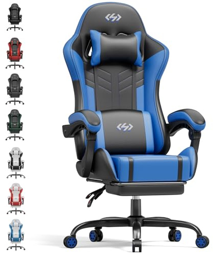 HLFURNIEU Silla Gaming con Masajeador, Silla Gamer Ergonómica con Cojín Lumbar Masajeador y Reposapiés, Sillón Gamer Altura Ajustable, Cadeira Gaming Negro y Azul