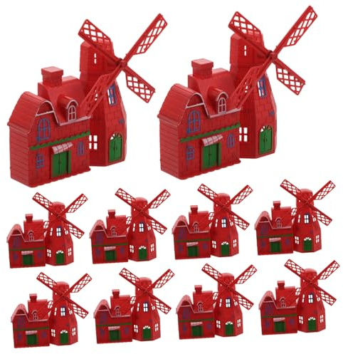 Vaguelly 10pcs Red Plastic Windmill Model Farmhouse Miniature Houses for Micro Landscape Garden Fairy Accessories Vintage Ornamental Dutch Windmill Decor