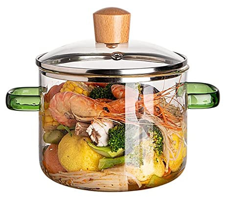 Kochtopf aus Glas, 1,6 l Auflaufform mit Deckel, beheizbarer Kochtopf, hitzebeständiger Suppentopf aus klarem Borosilikatglas für Salat, Nudeln, Pasta, Suppe, Milch, Lebensmittel, Früchtetee, 2 Farbe