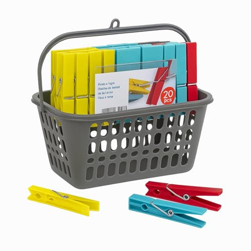 TECHZOCO Cesta Pinzas para Tender Ropa con Colgador, Cesta de Tender, Bolsa para Tender, 25 cm Largo x 18 cm Fondo x 14 cm Alto, Incluye Pinzas, Color Gris