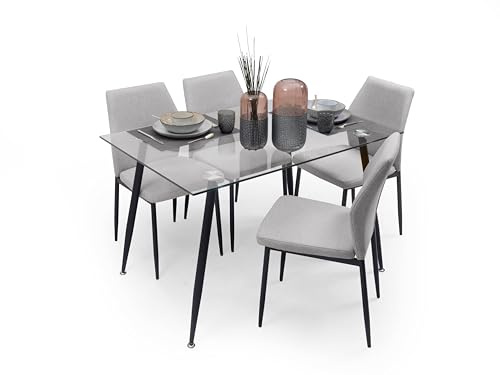 Homely - Conjunto de Comedor Cairo Bay 120 | Mesa de Cristal 120x79,5 cm y 4 Sillas Tapizadas Gris | Patas de Metal Color Negro | Diseño Nórdico de Comedor, Salón, Cocina, Sala