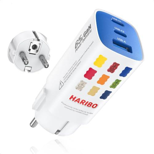 HARIBO 65W USB C Ladegerät 3-Port GaN, Schnellladegerät mit Schuko-Stecker | TÜV-geprüft, PPS & PD 3.0, für iPhone/MacBook/iPad/Galaxy/Pixel/Steam Deck, 2 USB-C Ports, Reisen & Büro