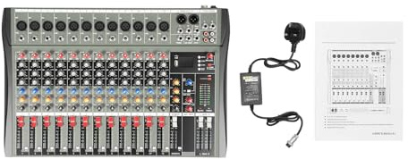 12 Channel Audio Mixer DJ Mixer with Connection USB and Bluetooth Sound Mixing Console with LCD Display for DJ Stage Karaoke Bands Mixing Board with 3-Band EQ Phantom Power Real-Time Monitoring