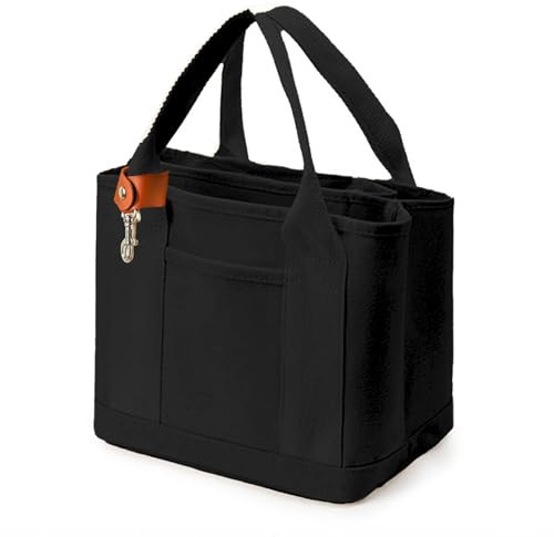 Muka Mini Canvas Tote Bag with Lobster Clasp, Multi-Pocket Cotton Tote Bag-Black
