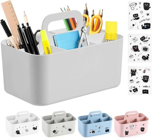 Chesomn Cesta Organizadora con Asa, Cesta de Almacenaje Plástico | Apilable Organizador Escritorio con 5 Compartimentos para Maquillaje, Escritorio, Baño (Gris Clar, 25×15.4×17cm)