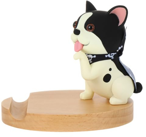 TIDTALEO Lovely Cartoon Dog Wooden Phone Stand Desktop Holder Portable Cellphone Dock for Office and Home Decoration Unique Idea Black and White Design