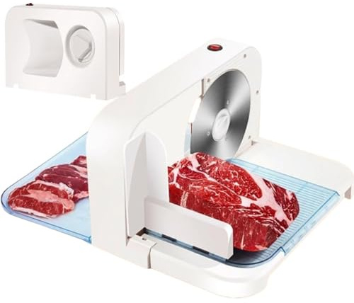 Cortadora Carne Eléctrica，Cortadora Alimentos Plegable – Hoja Dentada Inoxidable 16.5cm，Grosor Ajust 1-15mm, Empujador Alimentos，para Hogar Res Cerdo Salmón Pan Queso Embutidos