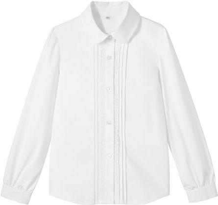 LOLANTA Camicia per Bambine a Maniche Lunghe con Colletto Peter Pan Arricciato, Misto Poliestere Cotone, Camicia da Uniforme Scolastica, Bianco (Colletto alla Peter Pan), 5-6 Anni, 120