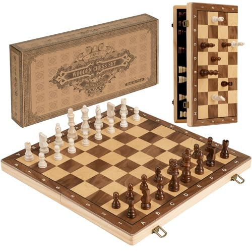 Peradix Tablero Ajedrez Madera Magnetico, Set de Ajedrez Profesional Grande,Plegable Portátil Ajedrez con 2 Reinas (Marrón, 39×39 cm)