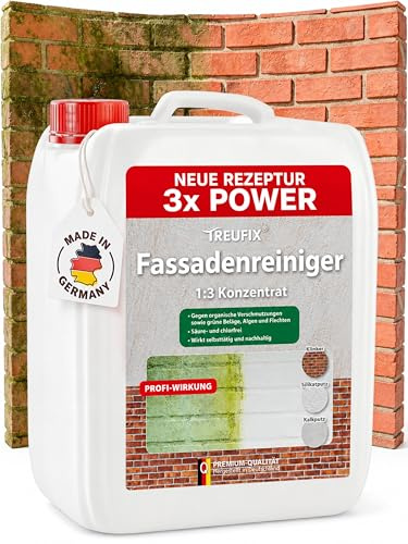 Treufix Fassadenreiniger Konzentrat 5L kraftvoll gegen Algen & Grünbelag | Profi Fassadenreinigung gegen organische Verschmutzungen für Putz, Beton, Klinker Hauswand & mineralische Fassaden