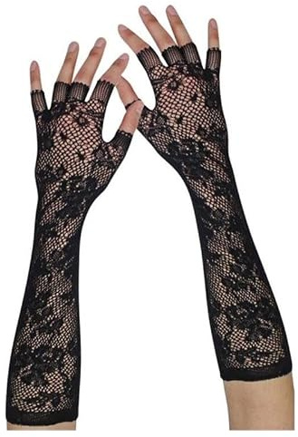 LUNATIQ Guantes Rejilla Sin Dedos Encaje Flores largo Unisex | Malla Halloween Rave Festival Fiesta Cosplay Talla Única