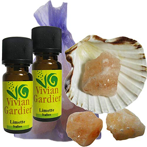 Limettenöl 100% naturreines ätherisches Öl 2x10ml (Glasflaschen). 7-tlg Aromatherapie Duft Set mit Muschel + 3 Salz Kristalle zum Beduften + Säckchen. 50005