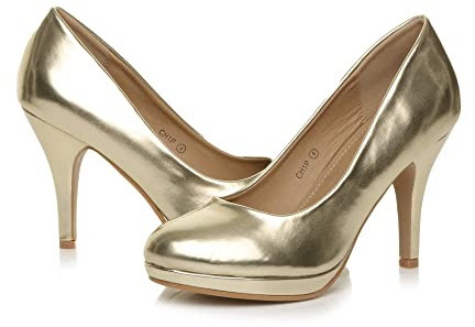 AJVANI high mid Heel smart Work Evening Party Platform Court Shoes Pumps Size 5 38 Gold