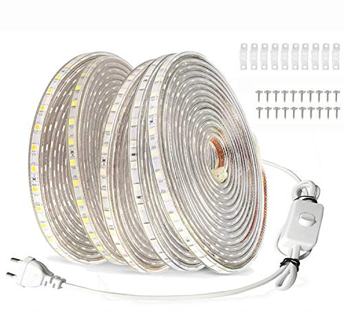 FOLGEMIR 20m LED Band mit Schalter - Warmweiß, 220V 230V Beleuchtung, 60 Leds/m Strip, IP65 wasserdicht Lichtschlauch (Warmweiß, 20m)