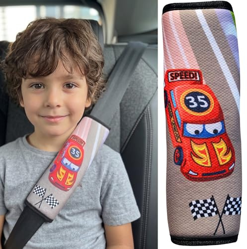 HECKBO 1x Kinder Auto Gurtpolster Gurtschutz mit Rennauto Motiv - Sicherheitsgurt Polster für Kinder und Babys- Ideal für jeden Gurt Autositzerhöhungen Kinder Fahrradanhänger Flugzeug