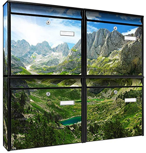 banjado Briefkastenanlage 4 Fach - Postkästen groß - verzinkter Stahl schwarz DIN A4 Motiv Bergsee Alpen - Briefkasten Set 4 Briefkästen Namensschild, 2 Schlüssel, Montagematerial
