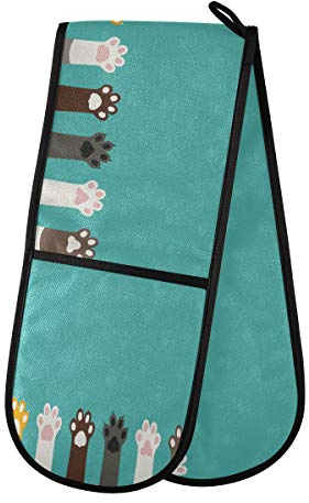 RXYY Doppelt Ofenhandschuh Niedlich Katze Pfote Drucken Hitze Beständig Gesteppt Baumwolle Küche Topflappen Lange Ofenhandschuhe für Kochen Backen Grillen