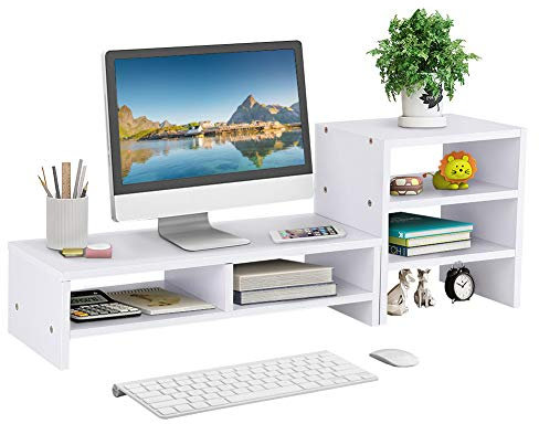 Soporte para Monitor y Ordenador Portátil, Elevador de Pantalla con Panel de Aglomerado, Escritorio Organizador de 3 Capas, Color