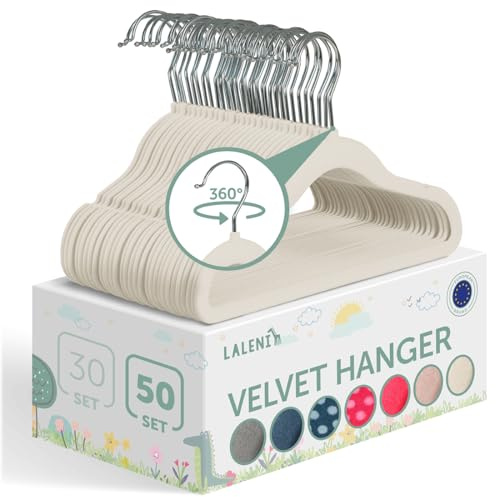 Laleni Cintre Enfant 50 pièces avec Housse Velours - Cintre Bebe - cintres Enfants pivotant 360° - ceintres pour Enfant antidérapant Velours - cintres Bebe - ceintre Bebe - ceintre Enfant Ivoire